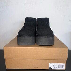 UGG Womens Classic Ultra Mini Black Suede Platform Slip-Ons